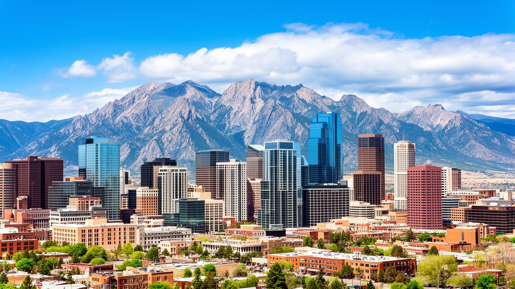 Denver downtown skyline with Rocky Mountains in background, showcasing the commercial and architectural landscape of the Front Range region