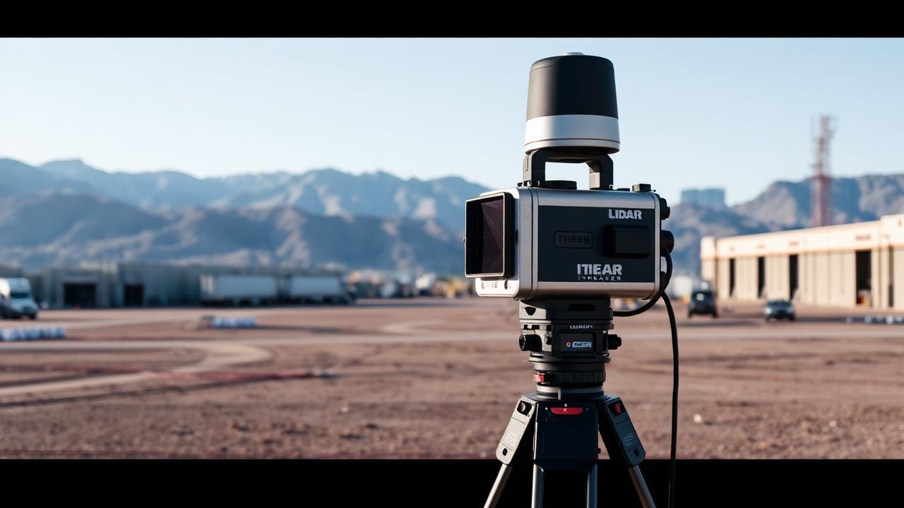 LiDAR scanning equipment on tripod at industrial site with Colorado mountains in background